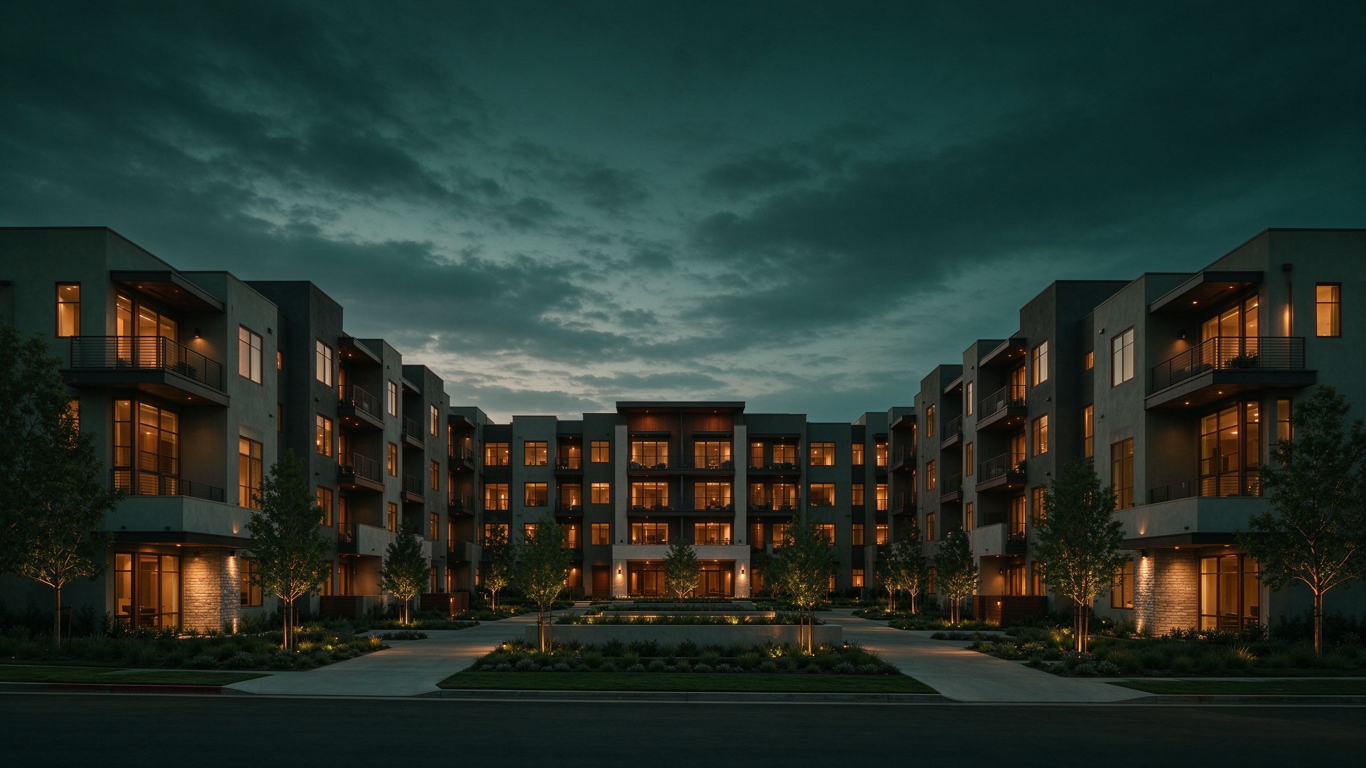 Modern US multi-family apartment community at dusk