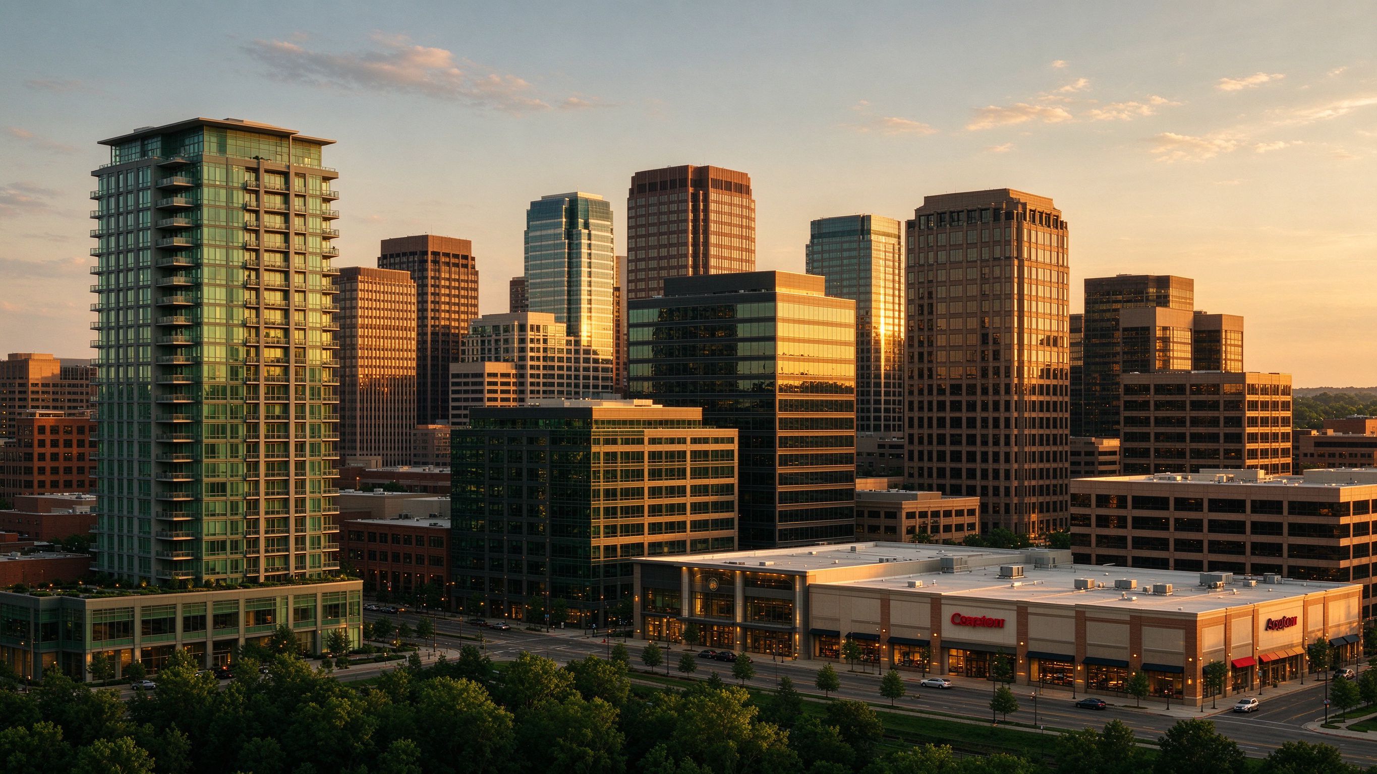 US city skyline with mixed commercial real estate